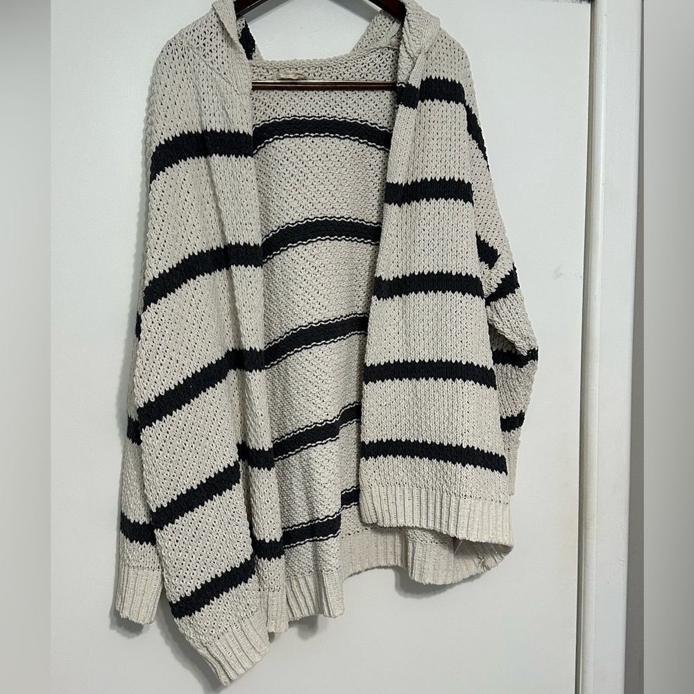 Bone Hooded Chenille Sweater with Dark Grey Stripes.
